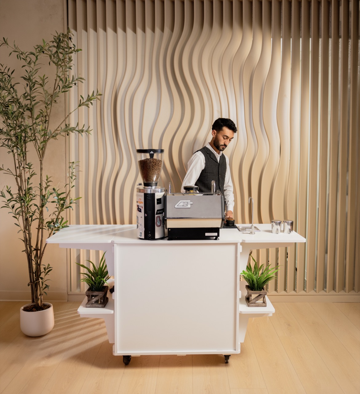 BrewJoy mobile espresso bar setup at a wedding in Los Angeles